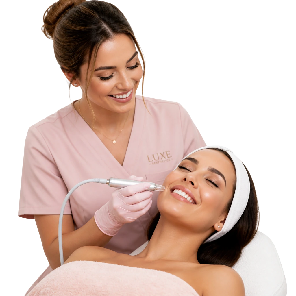 Cliente sendo atendida em clínica de estética, ambas sorridentes