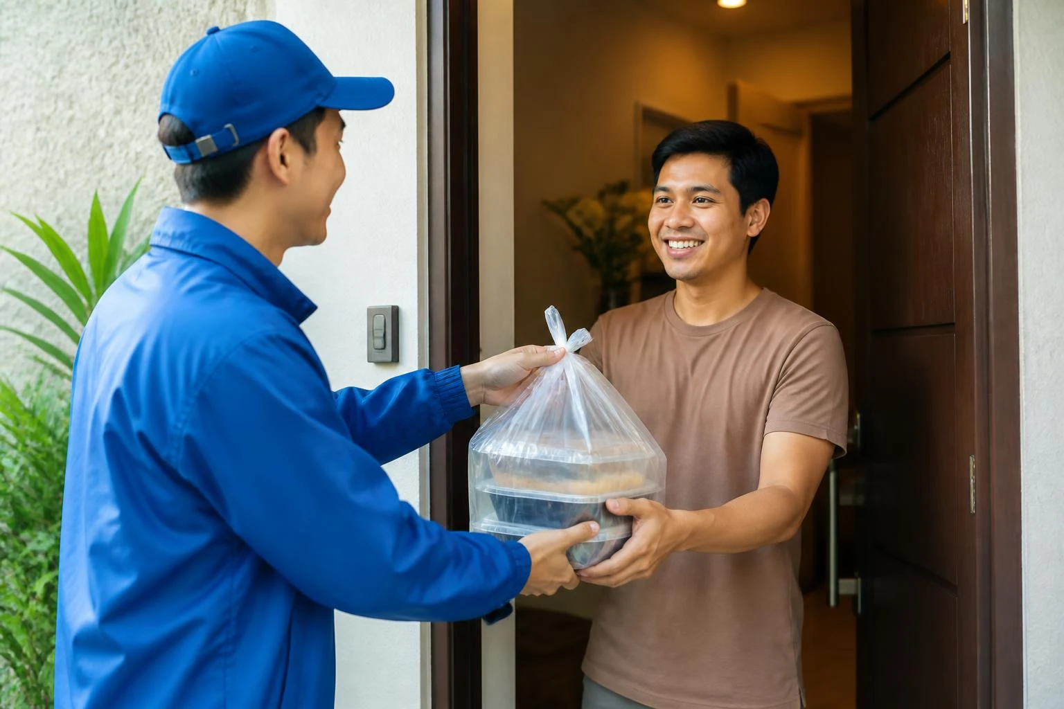 Cliente recebendo entrega de delivery em casa, ambos felizes