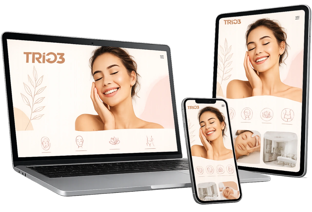 Site TRIO3 para profissionais da beleza exibido em notebook, tablet e celular