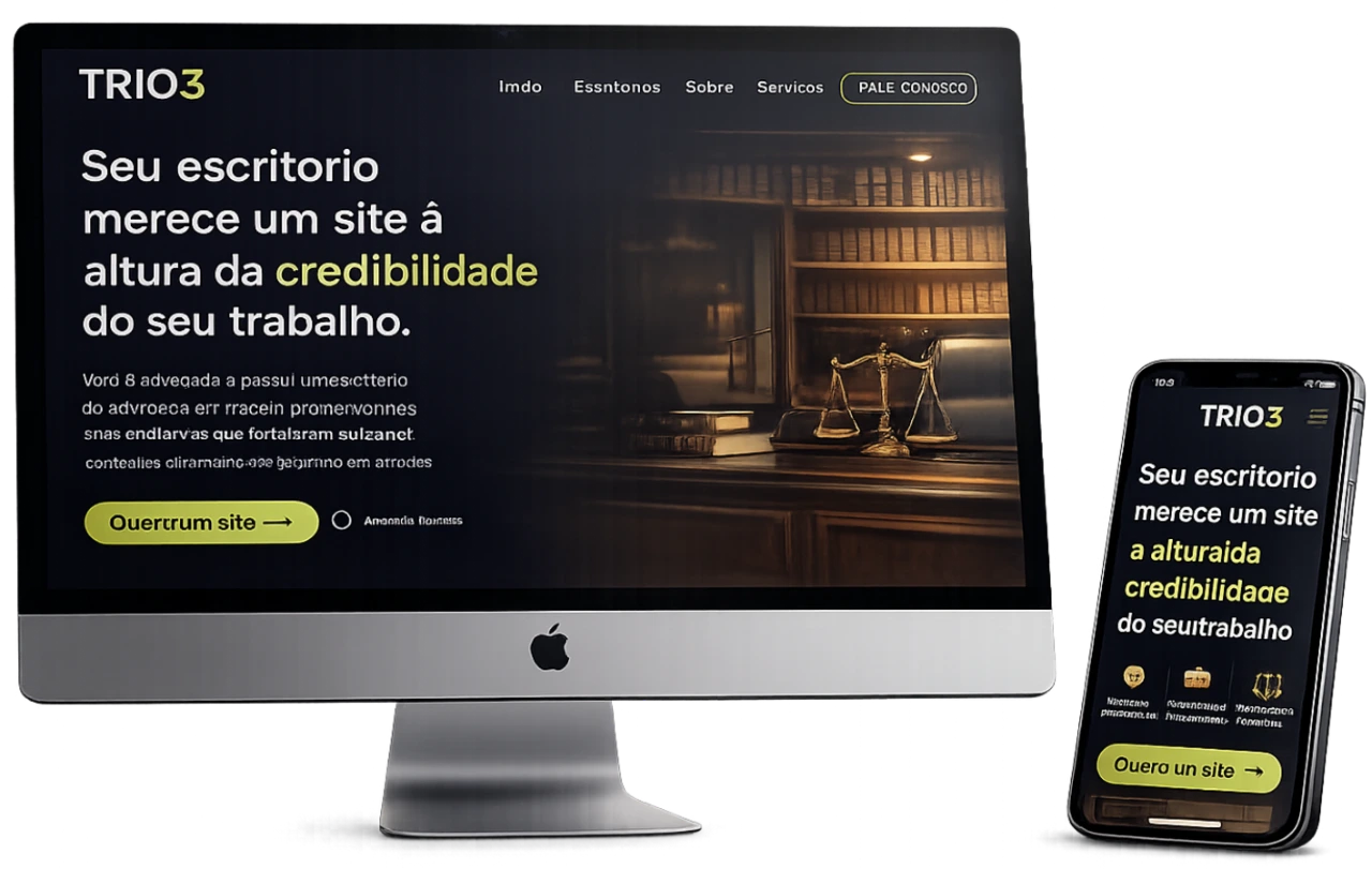 Mockup de site institucional moderno de escritório de advocacia em iMac e iPhone