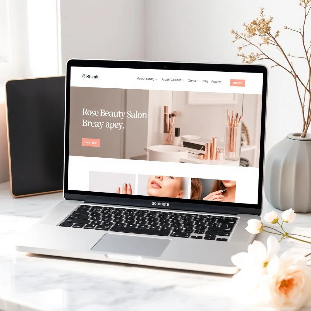 Site elegante de profissional da beleza exibido em um computador Apple