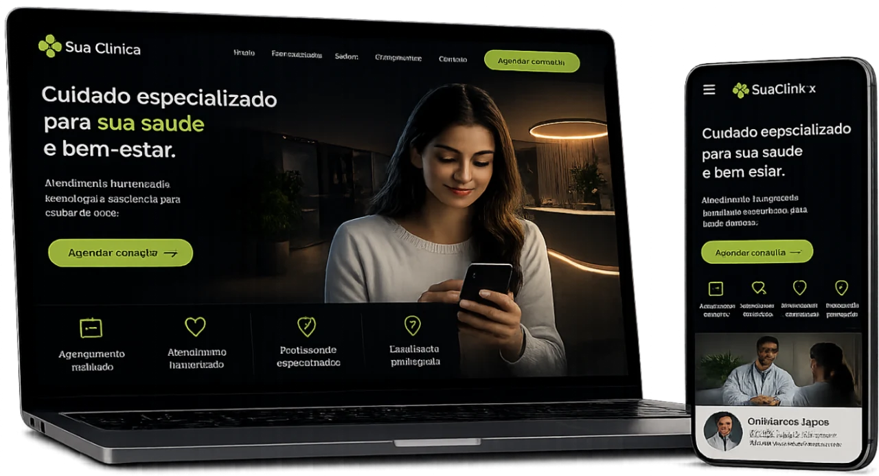 Mockup de site de clínica exibido em notebook e celular com design moderno