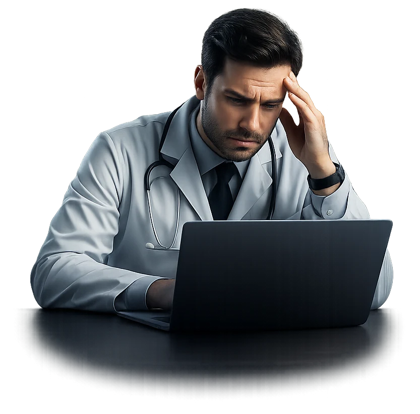 Médico frustrado diante de problemas digitais: site lento, pouca credibilidade e poucos contatos