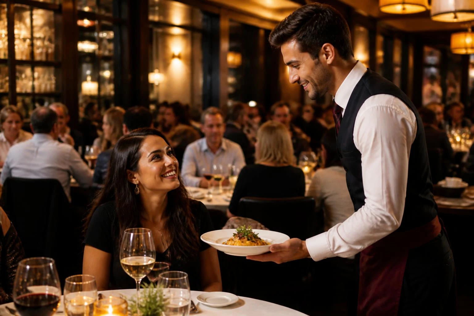 Cliente satisfeita em um restaurante cheio sendo atendida por um garçom