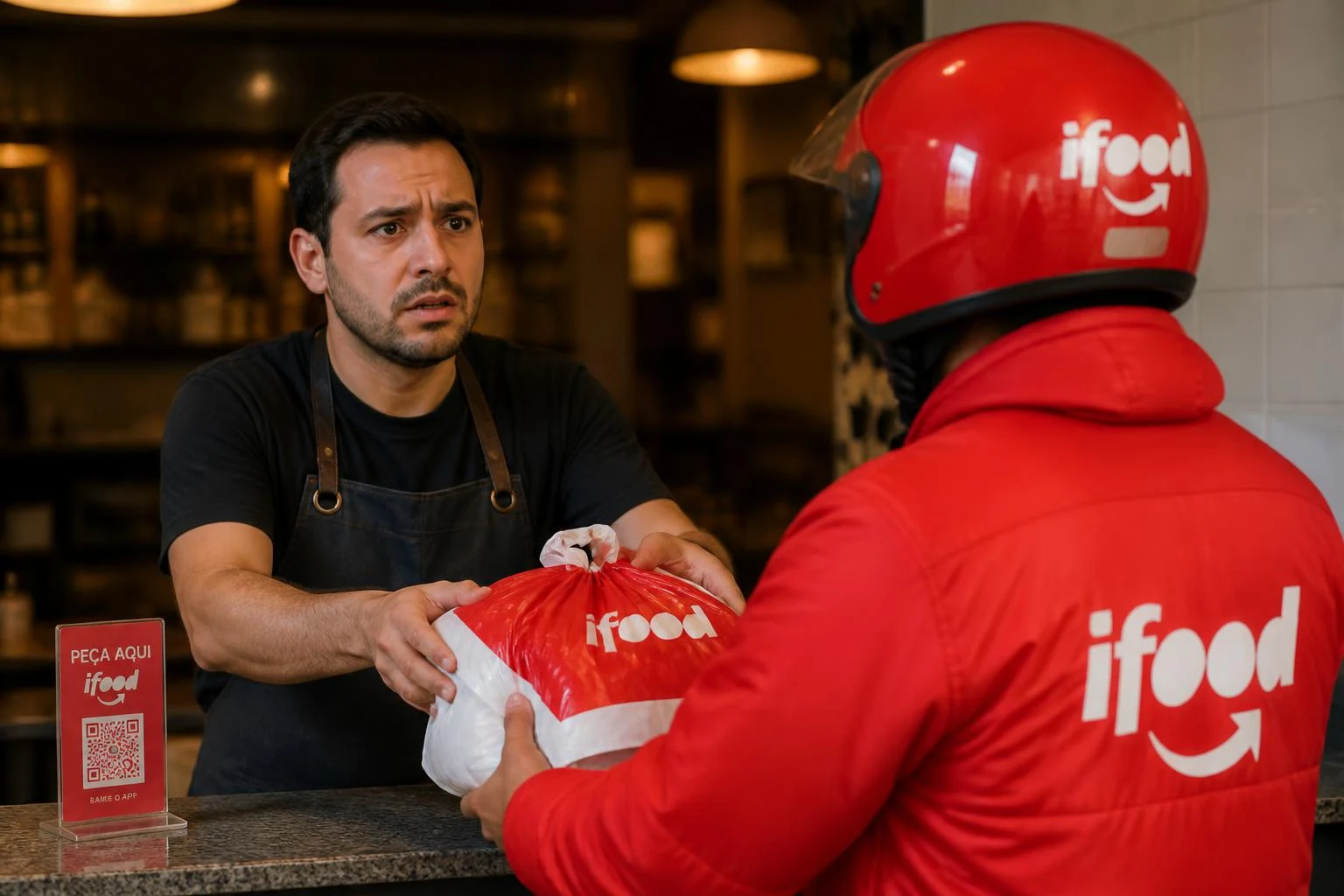 Dono de restaurante preocupado entregando pedido para entregador de aplicativo de delivery