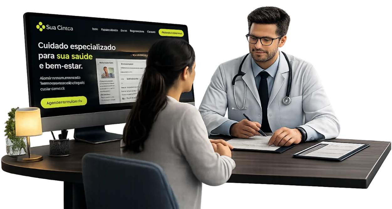 Médico atendendo paciente em consultório com site moderno exibido no monitor